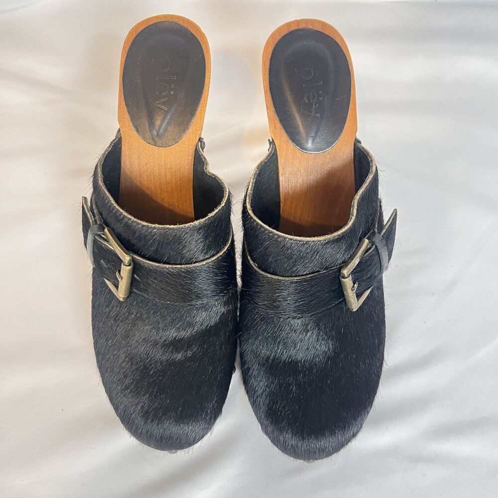 plēy Black Haircalf Wooden Clog Heels Studded Mule Sandals Boho Festival Size 38